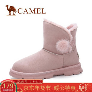 骆驼（CAMEL） 女士 俏皮可爱球饰车缝线平底短筒雪地靴 A94502641 粉色 39