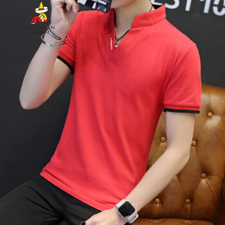 稻草人（MEXICAN）短袖T恤男士V领POLO衫男装韩版修身半袖衣服 红色 2XL