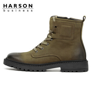 哈森 Harson 高帮男靴 时尚休闲圆头拉链轻质减震牛皮马丁靴 MA99028 卡其色 41
