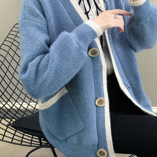 薇图（vitto）女装2019新款韩版宽松慵懒风灯笼袖针织开衫外搭毛衣外套QDsu441VT 蓝色 M
