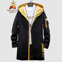 稻草人(MEXICAN)风衣男中长款连帽2019秋冬新款夹克男潮流百搭青年衣服时尚印花工装大衣外套男装 黑色 L