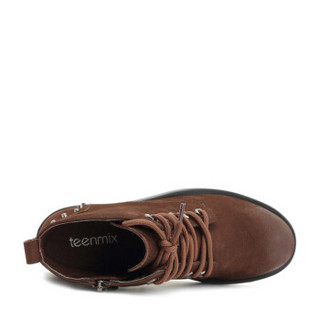 Teenmix/天美意棕色牛皮革时尚铆钉优雅粗跟女短靴AT011DD8 棕色 34