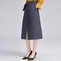 她池2019秋装新款女装韩版高腰纯色A版下摆前开叉气质半身裙 T83Z2072A11S 灰色 S