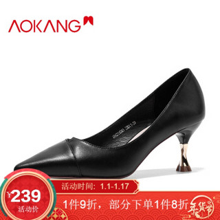 奥康（Aokang）尖头女士通勤简约时尚素面高跟女士职场拼接女单鞋196211041黑色36码