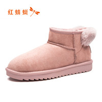红蜻蜓（ RED DRAGONFLY ）女棉鞋平底舒适短靴时尚加绒保暖雪地靴女靴 WGC91261/63 粉色 35