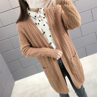 沫欣 2019秋冬新品女装针织衫女韩版V领无扣口袋纯色提花中长款针织开衫毛衣外套 MMHS5109 驼色 均码