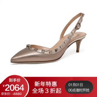 VALENTINO 华伦天奴 女士金灰色牛皮铆钉装饰吊带后背鞋 QW2S0H14 NNF S69 8/38