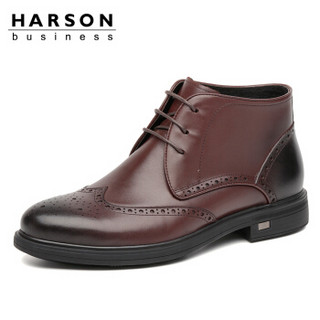 哈森 Harson 高帮男靴 商务正装圆头拉链雕花布洛克牛皮靴 MA96660 棕色 38