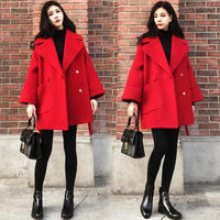 凡淑 毛呢大衣女2019冬季新品女装韩版流行中长款小个子简约宽松显瘦大翻领呢子外套 XDD14 红色 XL