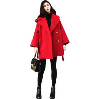 凡淑 毛呢大衣女2019冬季新品女装韩版流行中长款小个子简约宽松显瘦大翻领呢子外套 XDD14 红色 XL