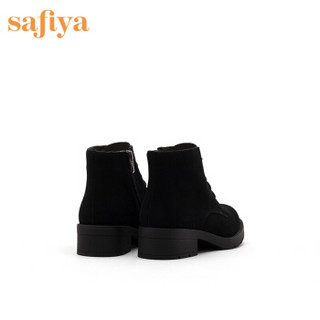 索菲娅女鞋（Safiya）绒面马丁靴系带纯色低跟绒里短靴女 黑色（绒里） 35
