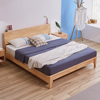 A家家具 床 日式实木双人床 北欧原木床简约现代实木架子床 1.8米床+床垫+床头柜*1 NK001