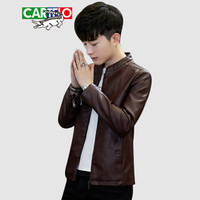卡帝乐鳄鱼(CARTELO)皮衣 男士潮流机车皮衣加绒加厚帅气立领PU皮夹克外套A428-1-PY02咖啡加绒L