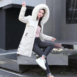 AUDDE 2019冬季新款女装新品棉服女潮流舒适时尚长袖棉衣中长款气质外套 yzYBX515 米白色 2XL