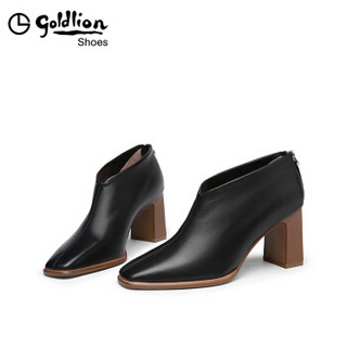 金利来（goldlion）女鞋方头粗高跟简约套脚深口单鞋62694004301P-黑色-36码