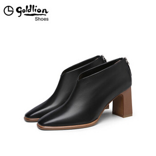 金利来（goldlion）女鞋方头粗高跟简约套脚深口单鞋62694004301P-黑色-36码