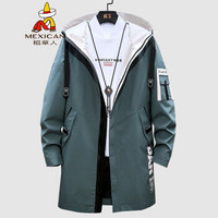 稻草人(MEXICAN)风衣男中长款连帽2019秋冬新款夹克男潮流百搭青年衣服时尚印花工装大衣外套男装 军绿 M
