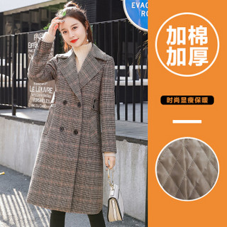 AUDDE 2019冬季新款女装新品毛呢大衣女格子毛呢外套女中长款韩版女 yzYKX99788 咖啡格子（加棉款） L