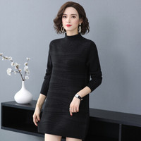 沫欣 针织衫女2019秋冬新品复古中长款毛衣外穿宽松洋气针织连衣裙半高领打底衫 MMBD5839 黑色 110