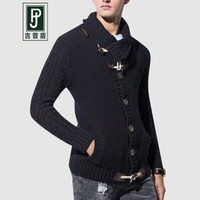 吉普盾针织衫男2019新款秋冬季时尚潮流百搭修身男装高领毛衣外套 黑 3XL