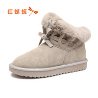 红蜻蜓（ RED DRAGONFLY ）女棉鞋平底舒适短靴蝴蝶结时尚防水台雪地靴加绒女靴 WNC90201/02/03 灰色 38