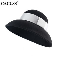 CACUSS L0147纯羊毛礼帽女秋冬保暖复古帽子女士毛呢帽毡帽 黑色 均码