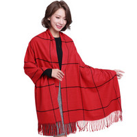 兰诗雨W0351秋冬围巾女士羊毛欧美时尚格纹保暖围脖加厚两用披肩 大红格子