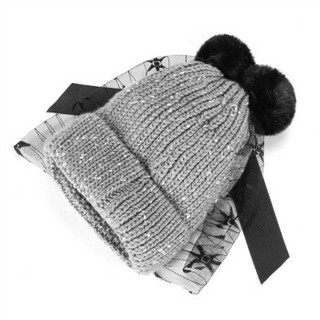 意大利袋鼠（L'ALPINA）帽子女冬天韩版潮百搭针织帽毛球加厚保暖蕾丝元素毛线帽 灰色693MZ1002