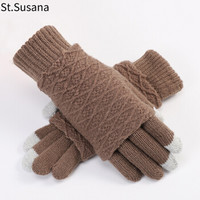 圣苏萨娜毛线手套女冬季保暖韩版时尚简约户外骑行触屏半指全指两件套手套SSN7051 咖色