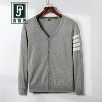 吉普盾开衫毛衣男士秋装上衣外套男2019新款韩版修身潮流V领针织衫 灰色 M