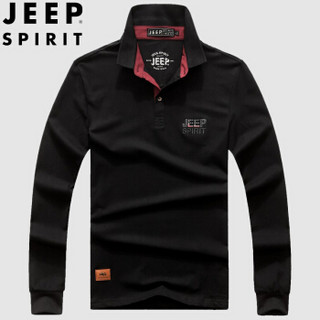 吉普 JEEP 男士POLO衫2019秋冬新品纯色翻领长袖T恤中年男士商务休闲上衣 PA8937 黑色 L