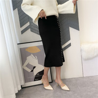 凡淑 2019韩版秋冬新款女松紧腰侧边钉珠开叉长款针织半身裙纯色毛衣裙子 MMHS12319 黑色 均码