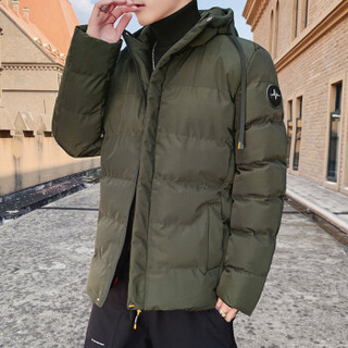 吉普盾棉服男2019冬季新款男士保暖加厚夹克外套韩版时尚纯色连帽棉袄上衣 绿色 XL