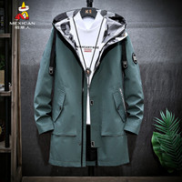 稻草人(MEXICAN)风衣男2019秋冬新款时尚连帽休闲夹克中长款纯色外套男装 军绿 2XL