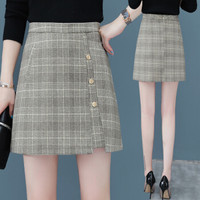 AUDDE 2019秋冬季新款女装新品毛呢格子半身裙女不规则包臀a字裙百搭显瘦呢子短裙 HZ2022-1708 格纹 2XL