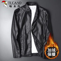 啄木鸟（TUCANO）加绒皮衣男2019秋冬新品纯色百搭时尚修身外套夹克男装 加绒黑色 XL