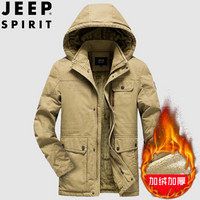 吉普 JEEP 棉服男士2019冬季加绒加厚保暖服中青年休闲宽松大码多袋棉衣 P1217 卡其 2XL