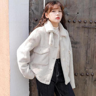 AUDDE 2019冬季新款女装新品毛绒绒外套女宽松派克服毛呢外套呢子大衣潮 zx1615-898 米色 S