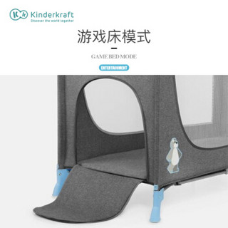 KinderKraft 婴儿床多功能可折叠宝宝床便携式儿童游戏床可拼接 蓝色+尿布台+置物架+固定带+蚊帐+拉环+摇杆