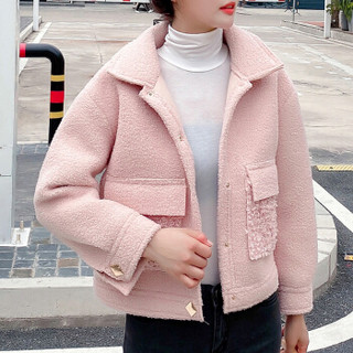 MAX WAY 女装 2019秋冬韩版新款羊羔绒毛小个子外套女卫衣开衫QDmw1018 粉红色 M