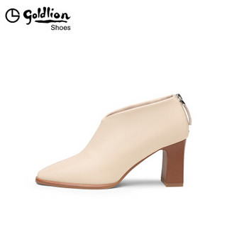 金利来（goldlion）女鞋方头粗高跟简约套脚深口单鞋62694004321P-米白-35码