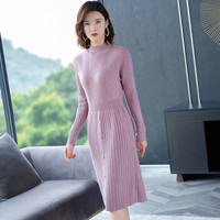 莉夏乐 针织毛衣裙半高领显瘦加绒冬季2019新款女装中长款韩版修身一步裙 MMBD332301 粉色 L