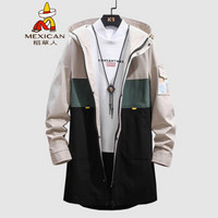 稻草人(MEXICAN)风衣男中长款连帽2019秋冬新款夹克外套男潮流百搭青年衣服时尚印花工装大衣男装 卡其 M