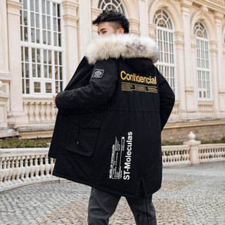 卡帝乐鳄鱼(CARTELO)羽绒服中长款2019年冬季新款加厚保暖男装大毛领连帽上衣外套 黑色 XL