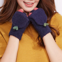 意大利袋鼠（L'ALPINA）手套女冬天韩版潮保暖毛线手套学生半指女士针织手套 墨兰豆芽693ST1005