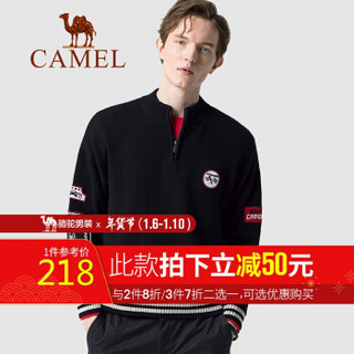 骆驼（CAMEL）男装 2019秋季新款半高拉链领毛衣男宽松休闲针织衫男 D9H267252 黑色_M