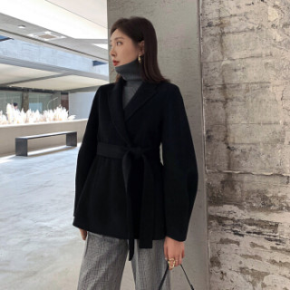 新款双面手缝羊绒大衣女冬拆卸口袋修身韩版休闲百搭a131923410 黑色