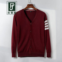 吉普盾开衫毛衣男士秋装上衣外套男2019新款韩版修身潮流V领针织衫 酒红 2XL
