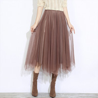一塘晨秋装2019新款女时尚纯色收腰修身不规则网纱下摆长款半身裙 S83T4167BA185JM 棕色均码