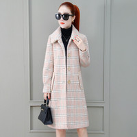 尚格帛 毛呢大衣2019秋冬新品女装时尚呢子大衣双面呢格子韩版加绒加厚中长款上衣潮 HZ5020-19229 粉格 XL